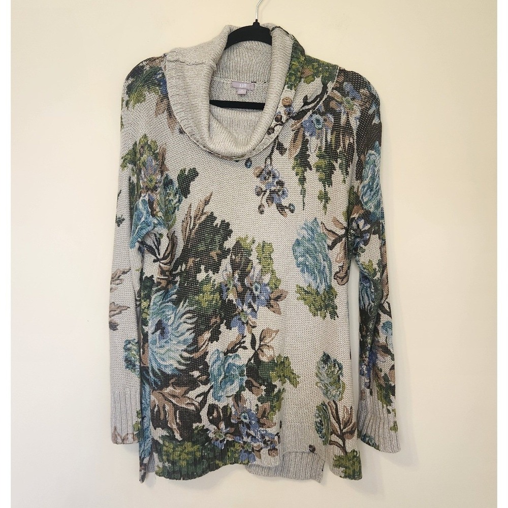 J Jill Womens Floral Tapestry Cowl Neck Knit Sweater Oatmeal Blue Green Medium